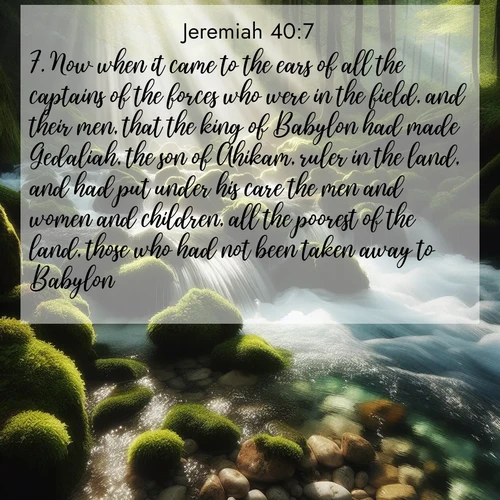 BasicEnglish Jeremiah  ; image nature: image with the bible verse :Now when it came to the ears of all the captains of the forces who were in the field, and their men, that the king of Babylon had made Gedaliah, the son of Ahikam, ruler in the land, and had put under his care the men and women and children, all the poorest of the land, those who had not been taken away to Babylon; ; Explore beautiful Bible verse images paired with serene natural settings, such as calm seas, snowy paths, and verdant hills. Each image is free to download for your spiritual inspiration. Share KJV Jeremiah 40:7. Current verse is overlayed with the thematic nature scene : A mountain stream tumbles through moss-covered stones. Sunlight dapples the crystal-clear water. ; 40:7