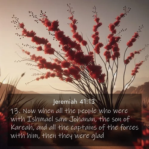 BasicEnglish Jeremiah  ; image nature: image with the bible verse :Now when all the people who were with Ishmael saw Johanan, the son of Kareah, and all the captains of the forces with him, then they were glad. ; Admire Bible verse images illustrated by desert scenes, such as sunsets over dunes, majestic rocks, and solitary cacti. These images capture the majesty of God in arid places. Download and share verses like KJV Jeremiah 41:13. Current verse is overlayed with the thematic nature scene : Desert ocotillo flames crimson red. Wind sings through thorny branches. ; 41:13