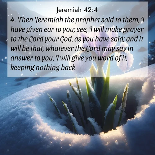 BasicEnglish Jeremiah  ; image nature: image with the bible verse :Then Jeremiah the prophet said to them, I have given ear to you; see, I will make prayer to the Lord your God, as you have said; and it will be that, whatever the Lord may say in answer to you, I will give you word of it, keeping nothing back. ; Explore a gallery of beautiful Bible verse images with tranquil natural settings—perfect for phone backgrounds or inspirational posts. Download your favorite verses like KJV Jeremiah 42:4 today. Current verse is overlayed with the thematic nature scene : Wild iris breaks through spring snow. Alpine light ignites petals. ; 42:4