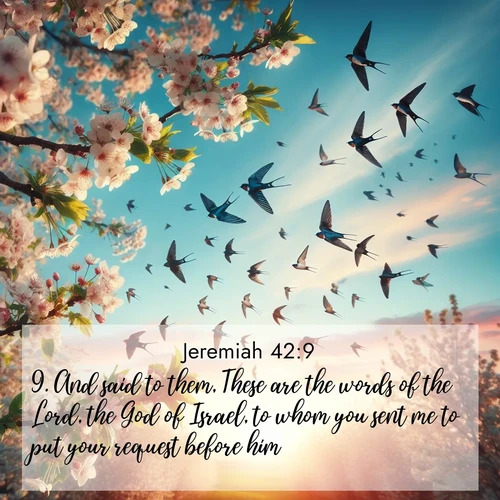 BasicEnglish Jeremiah  ; image nature: image with the bible verse :And said to them, These are the words of the Lord, the God of Israel, to whom you sent me to put your request before him: ; Explore Bible verses combined with serene beach photos, desert dunes, and infinite skies, highlighting God&#039;s majesty in every landscape. Download and share inspiring verses like KJV Jeremiah 42:9. Current verse is overlayed with the thematic nature scene : Spring migration fills the sky with countless swallows. ; 42:9