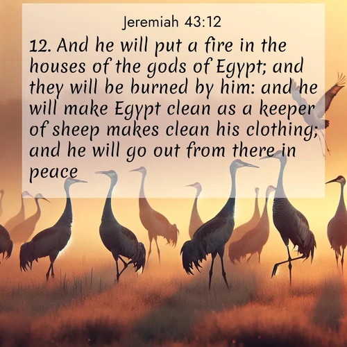 BasicEnglish Jeremiah  ; image nature: image with the bible verse :And he will put a fire in the houses of the gods of Egypt; and they will be burned by him: and he will make Egypt clean as a keeper of sheep makes clean his clothing; and he will go out from there in peace. ; Download Bible verse images paired with breathtaking nature photos like golden deserts, shimmering seas, and blossoming orchards. These high-quality, free images are perfect for wallpapers or sharing. Verses include KJV Jeremiah 43:12. Current verse is overlayed with the thematic nature scene : Sandhill cranes dance in morning mist. Their calls echo across the marsh. ; 43:12