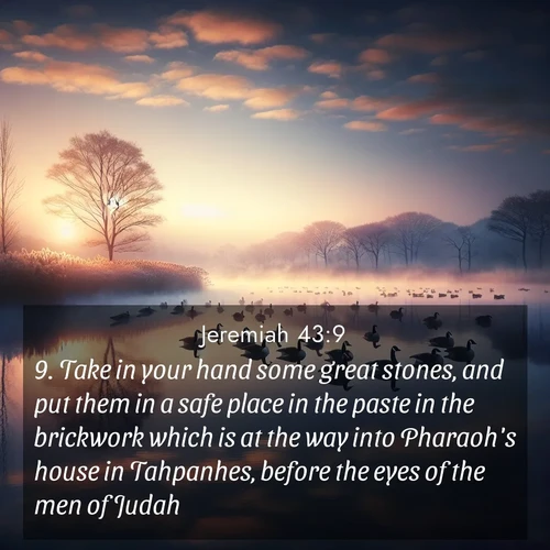 BasicEnglish Jeremiah  ; image nature: image with the bible verse :Take in your hand some great stones, and put them in a safe place in the paste in the brickwork which is at the way into Pharaoh&#039;s house in Tahpanhes, before the eyes of the men of Judah; ; Explore free Bible verse images with stunning nature themes, including sunlit paths, forest clearings, and endless horizons. Perfect for desktop backgrounds or phone wallpapers. Verses include KJV Jeremiah 43:9. Current verse is overlayed with the thematic nature scene : Wild geese rest on still waters. Dawn mist rises like dreams. ; 43:9