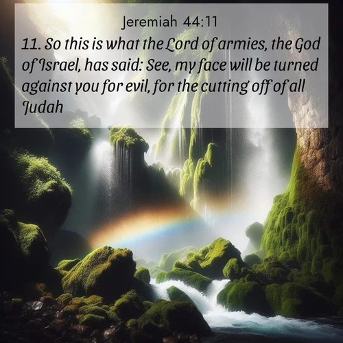 BasicEnglish Jeremiah  ; image nature: image with the bible verse :So this is what the Lord of armies, the God of Israel, has said: See, my face will be turned against you for evil, for the cutting off of all Judah; ; Explore a rich collection of Bible verse images beautifully illustrated by natural landscapes, such as colorful skies, towering mountains, and tranquil rivers. The images highlight the serenity of God&#039;s creation with vivid tones and carefully chosen typography. Download and share inspiring verses like KJV Jeremiah 44:11. Current verse is overlayed with the thematic nature scene : A waterfall thunders through ancient moss-covered rocks while rainbow mist rises where water meets stone. ; 44:11