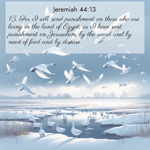 BasicEnglish Jeremiah  ; image nature: image with the bible verse :For I will send punishment on those who are living in the land of Egypt, as I have sent punishment on Jerusalem, by the sword and by need of food and by disease: ; Admire our autumnal collection of Bible verse images accompanied by photos of paths lined with red and yellow leaves, fiery forests, and calm rivers. These images inspire reflection and serenity. Share verses like KJV Jeremiah 44:13. Current verse is overlayed with the thematic nature scene : Snow geese take flight from a winter marsh. Their wings flash white against leaden skies. ; 44:13
