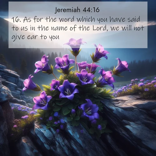 BasicEnglish Jeremiah  ; image nature: image with the bible verse :As for the word which you have said to us in the name of the Lord, we will not give ear to you. ; Dive into our collection of Bible verse images combined with sublime nature photos, such as graceful waterfalls, radiant sunsets, and endless meadows. These compositions highlight the peace and harmony of God&#039;s creation with vivid colors and carefully integrated text. Download and share verses like KJV Jeremiah 44:16. Current verse is overlayed with the thematic nature scene : Wild gentians bloom in rocky cracks. Summer storms gather above treeline. ; 44:16