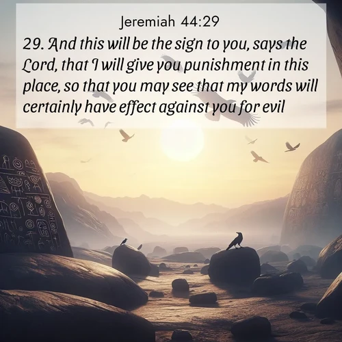 BasicEnglish Jeremiah  ; image nature: image with the bible verse :And this will be the sign to you, says the Lord, that I will give you punishment in this place, so that you may see that my words will certainly have effect against you for evil: ; Explore Bible verse images beautifully illustrated with spring scenes, such as blooming meadows, trees in full bloom, and tranquil streams. These landscapes convey divine hope and vitality. Download and share verses like KJV Jeremiah 44:29. Current verse is overlayed with the thematic nature scene : Desert petroglyphs tell ancient stories. Ravens soar past wearing shadows for wings. ; 44:29
