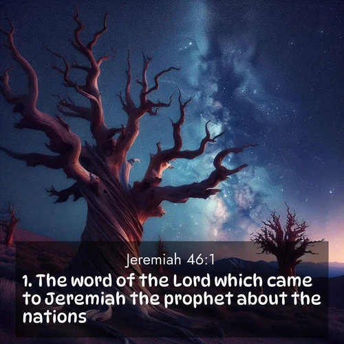 BasicEnglish Jeremiah  ; image nature: image with the bible verse :The word of the Lord which came to Jeremiah the prophet about the nations. ; Discover our curated gallery of Bible verse images with breathtaking scenery, from tranquil deserts to lush green pastures. Perfect for phone wallpapers or sharing online. Download verses like KJV Jeremiah 46:1. Current verse is overlayed with the thematic nature scene : Ancient bristlecone pines twist toward stars. Time stands still in their presence. ; 46:1