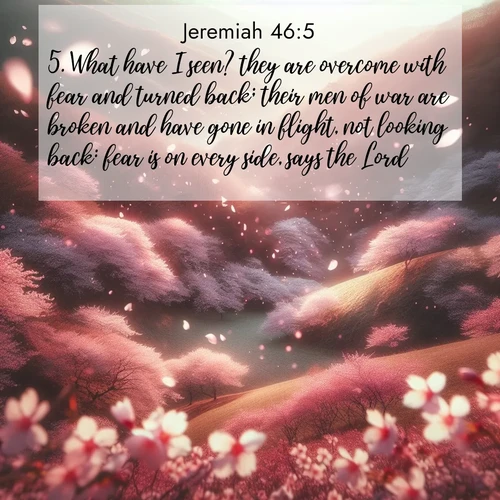 BasicEnglish Jeremiah  ; image nature: image with the bible verse :What have I seen? they are overcome with fear and turned back; their men of war are broken and have gone in flight, not looking back: fear is on every side, says the Lord. ; Explore a collection of free Bible verse images paired with serene landscapes like golden beaches, verdant forests, and clear blue skies. Each image is ideal for desktop or phone wallpapers. Share verses like KJV Jeremiah 46:5. Current verse is overlayed with the thematic nature scene : Cherry blossoms blanket the hillside in soft pink snow, swirling through the air like nature&#039;s confetti. ; 46:5