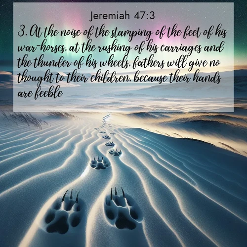BasicEnglish Jeremiah  ; image nature: image with the bible verse :At the noise of the stamping of the feet of his war-horses, at the rushing of his carriages and the thunder of his wheels, fathers will give no thought to their children, because their hands are feeble; ; Discover Bible images capturing the essence of autumn, with wooded paths, golden fields, and swirling leaves. These scenes reflect the changing beauty of God&#039;s creation. Download verses like KJV Jeremiah 47:3. Current verse is overlayed with the thematic nature scene : Arctic fox tracks cross windswept tundra. Northern lights pulse overhead in cosmic rhythm. ; 47:3