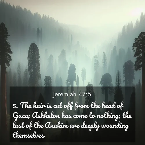 BasicEnglish Jeremiah  ; image nature: image with the bible verse :The hair is cut off from the head of Gaza; Ashkelon has come to nothing; the last of the Anakim are deeply wounding themselves. ; Browse an inspiring gallery of Bible verse images with nature photos, such as blooming gardens, golden deserts, and shaded forests. The chosen images capture the peaceful and joyful essence of God&#039;s creation, with vibrant colors and harmonious fonts. Share verses like KJV Jeremiah 47:5. Current verse is overlayed with the thematic nature scene : Ancient sequoias pierce through valley fog. Centuries of growth reach for filtered light. ; 47:5