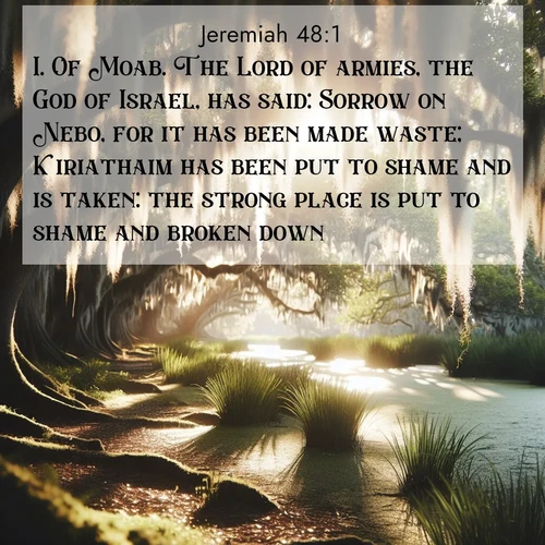 BasicEnglish Jeremiah  ; image nature: image with the bible verse :Of Moab. The Lord of armies, the God of Israel, has said: Sorrow on Nebo, for it has been made waste; Kiriathaim has been put to shame and is taken: the strong place is put to shame and broken down. ; Explore a collection of inspiring Bible verse images accompanied by winter photos, such as snowy landscapes, frosted trees, and frozen lakes. These images reflect the peace and purity of God&#039;s creation, with elegant fonts and luminous colors. Download and share verses like KJV Jeremiah 48:1. Current verse is overlayed with the thematic nature scene : Summer afternoon light filters through Spanish moss in a bayou. ; 48:1