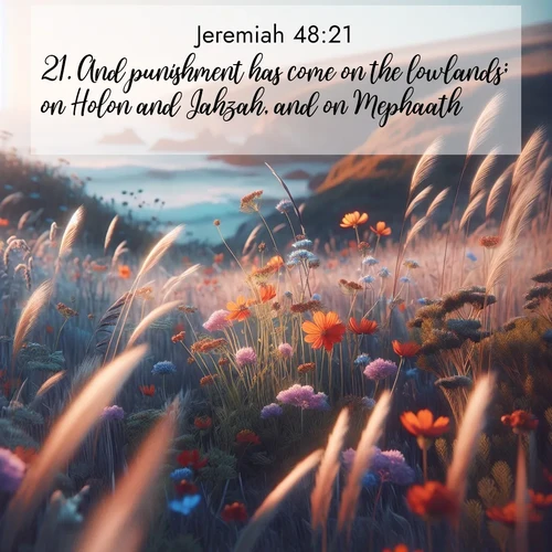 BasicEnglish Jeremiah  ; image nature: image with the bible verse :And punishment has come on the lowlands; on Holon and Jahzah, and on Mephaath, ; Discover Bible images illustrated by desert landscapes, like sand dunes, majestic rocks, and starry skies. These images symbolize the grandeur and immensity of God&#039;s creation. Download verses like KJV Jeremiah 48:21. Current verse is overlayed with the thematic nature scene : Summer wildflowers wave in the breeze on coastal bluffs. ; 48:21