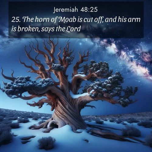BasicEnglish Jeremiah  ; image nature: image with the bible verse :The horn of Moab is cut off, and his arm is broken, says the Lord. ; Explore Bible verse images highlighting the beauty of spring, with vibrant flowers, butterflies, and blossoming fruit trees. These scenes evoke divine hope and renewal. Download inspiring verses like KJV Jeremiah 48:25. Current verse is overlayed with the thematic nature scene : Ancient bristlecone pine twists against a navy twilight sky, its gnarled branches laden with fresh snow. The Milky Way arcs overhead in crystalline clarity. ; 48:25