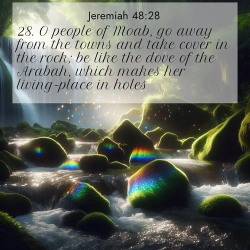 BasicEnglish Jeremiah  ; image nature: image with the bible verse :O people of Moab, go away from the towns and take cover in the rock; be like the dove of the Arabah, which makes her living-place in holes. ; Download high-resolution Bible verse images showcasing the beauty of God&#039;s creation—from radiant sunsets to tranquil rivers. Free for use as wallpapers or sharing verses like KJV Jeremiah 48:28. Current verse is overlayed with the thematic nature scene : Rainbow prisms dance in a waterfall&#039;s spray. Moss glows emerald in filtered light. ; 48:28