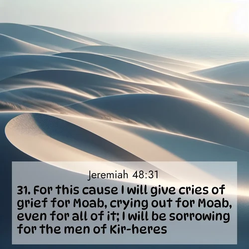 BasicEnglish Jeremiah  ; image nature: image with the bible verse :For this cause I will give cries of grief for Moab, crying out for Moab, even for all of it; I will be sorrowing for the men of Kir-heres. ; Discover Bible images capturing the essence of autumn, with wooded paths, golden fields, and swirling leaves. These scenes reflect the changing beauty of God&#039;s creation. Download verses like KJV Jeremiah 48:31. Current verse is overlayed with the thematic nature scene : Coastal dunes shift slowly beneath constant winds. ; 48:31