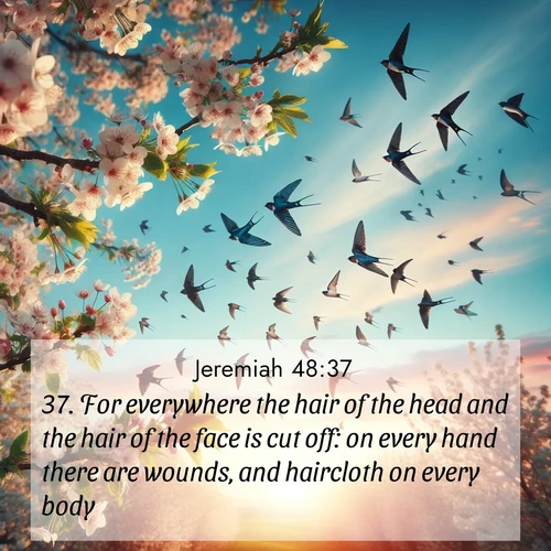 BasicEnglish Jeremiah  ; image nature: image with the bible verse :For everywhere the hair of the head and the hair of the face is cut off: on every hand there are wounds, and haircloth on every body. ; Discover our curated gallery of Bible verse images with breathtaking scenery, from tranquil deserts to lush green pastures. Perfect for phone wallpapers or sharing online. Download verses like KJV Jeremiah 48:37. Current verse is overlayed with the thematic nature scene : Spring migration fills the sky with countless swallows. ; 48:37