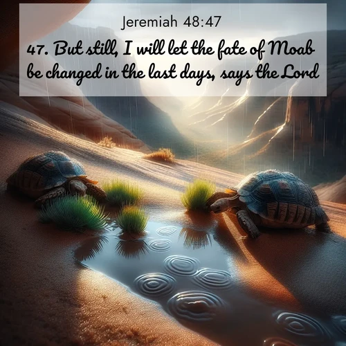 BasicEnglish Jeremiah  ; image nature: image with the bible verse :But still, I will let the fate of Moab be changed in the last days, says the Lord. ; Browse our collection of vibrant Bible verse images set against calming backdrops like tropical shores, quiet woods, and majestic mountains. Download free wallpapers featuring KJV Jeremiah 48:47. Current verse is overlayed with the thematic nature scene : Desert tortoises emerge after summer rains. Thunder echoes through hidden canyons. ; 48:47