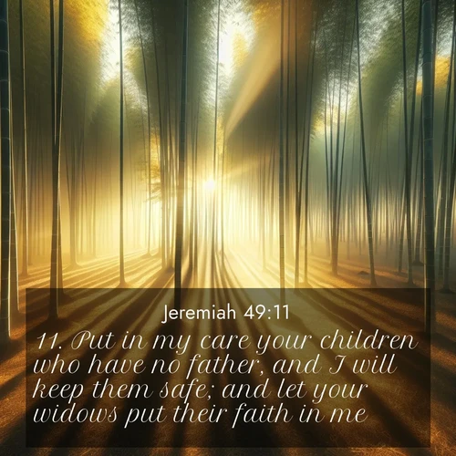 BasicEnglish Jeremiah  ; image nature: image with the bible verse :Put in my care your children who have no father, and I will keep them safe; and let your widows put their faith in me. ; Discover beautiful Bible verse images that combine inspiring scripture with captivating nature photos. Download high-quality images featuring lush valleys, peaceful streams, and endless horizons like KJV Jeremiah 49:11. Current verse is overlayed with the thematic nature scene : Morning mist parts to reveal a pristine bamboo grove. Golden light filters through the stems, casting striped shadows. ; 49:11