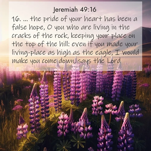 BasicEnglish Jeremiah  ; image nature: image with the bible verse :... the pride of your heart has been a false hope, O you who are living in the cracks of the rock, keeping your place on the top of the hill: even if you made your living-place as high as the eagle, I would make you come down, says the Lord. ; Explore beautiful Bible verse images paired with serene natural settings, such as calm seas, snowy paths, and verdant hills. Each image is free to download for your spiritual inspiration. Share KJV Jeremiah 49:16. Current verse is overlayed with the thematic nature scene : Wild lupines paint purple meadows. Snow lingers on distant peaks. ; 49:16