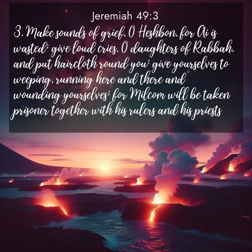 BasicEnglish Jeremiah  ; image nature: image with the bible verse :Make sounds of grief, O Heshbon, for Ai is wasted; give loud cries, O daughters of Rabbah, and put haircloth round you: give yourselves to weeping, running here and there and wounding yourselves; for Milcom will be taken prisoner together with his rulers and his priests. ; Admire Bible images representing autumn, with swirling leaves, misty skies, and vibrant trees. These images inspire profound spiritual reflection. Download and share verses like KJV Jeremiah 49:3. Current verse is overlayed with the thematic nature scene : Lava flows meet the ocean at twilight, sending plumes of steam skyward. Stars emerge one by one above the cosmic display. ; 49:3