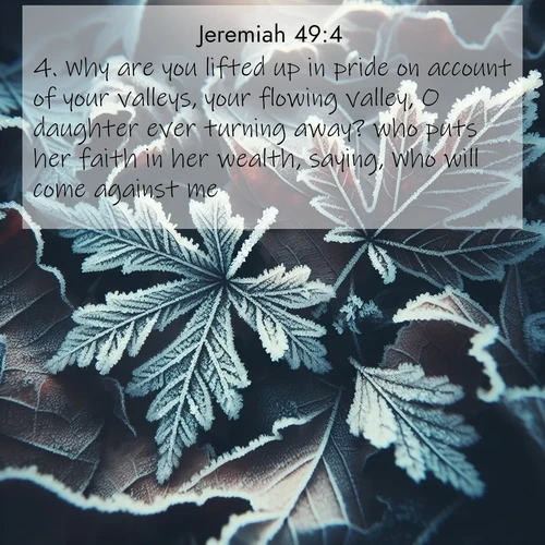 BasicEnglish Jeremiah  ; image nature: image with the bible verse :Why are you lifted up in pride on account of your valleys, your flowing valley, O daughter ever turning away? who puts her faith in her wealth, saying, Who will come against me? ; Explore Bible verses combined with serene beach photos, desert dunes, and infinite skies, highlighting God&#039;s majesty in every landscape. Download and share inspiring verses like KJV Jeremiah 49:4. Current verse is overlayed with the thematic nature scene : Winter frost creates delicate patterns on fallen leaves. ; 49:4
