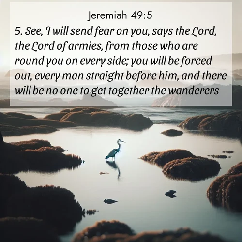 BasicEnglish Jeremiah  ; image nature: image with the bible verse :See, I will send fear on you, says the Lord, the Lord of armies, from those who are round you on every side; you will be forced out, every man straight before him, and there will be no one to get together the wanderers. ; Browse a gallery of Bible verses paired with summer scenes, such as golden wheat fields, bright skies, and sunny beaches. These images convey the joy and warmth of God&#039;s creation. Download and share verses like KJV Jeremiah 49:5. Current verse is overlayed with the thematic nature scene : A great blue heron fishes in tidal pools. Waves crash on distant reefs. ; 49:5