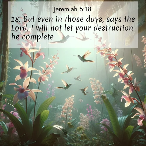BasicEnglish Jeremiah  ; image nature: image with the bible verse :But even in those days, says the Lord, I will not let your destruction be complete. ; Admire Bible verse images illustrated by summer photos, such as sunny beaches, sparkling waves, and swaying palm trees. These bright scenes highlight the joy and warmth of God&#039;s creation. Download and share verses like KJV Jeremiah 5:18. Current verse is overlayed with the thematic nature scene : Wild orchids bloom in rainforest canopy. Hummingbirds dance between delicate petals. ; 5:18