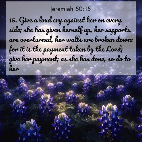 BBE Jeremiah 50:15 overlaying nature image scene: Moonlight illuminates a field of bluebonnets. A warm breeze carries their sweet fragrance across the prairie.;15. Give a loud cry against her on every side; she has given herself up, her supports are overturned, her walls are broken down: for it is the payment taken by the Lord; give her payment; as she has done, so do to her.