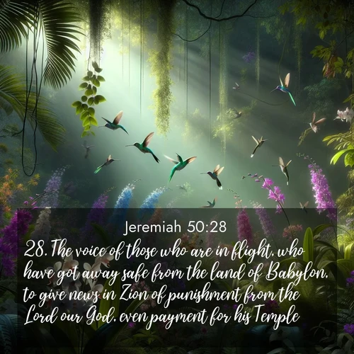 BasicEnglish Jeremiah  ; image nature: image with the bible verse :The voice of those who are in flight, who have got away safe from the land of Babylon, to give news in Zion of punishment from the Lord our God, even payment for his Temple. ; Explore a spring collection of Bible images, with landscapes of green hills, wildflowers, and crystal-clear streams. These images symbolize the blossoming of God&#039;s creation. Download verses like KJV Jeremiah 50:28. Current verse is overlayed with the thematic nature scene : Wild orchids bloom in a rainforest canopy. Hummingbirds dart between the delicate flowers. ; 50:28