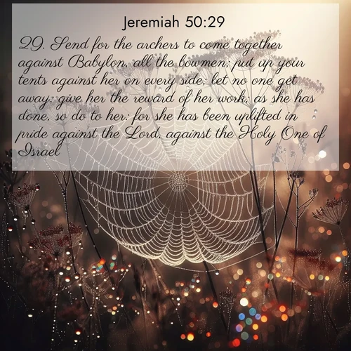 BBE Jeremiah 50:29 overlaying nature image scene: Morning fog reveals spider galaxies. Dew drops capture rainbow light.;29. Send for the archers to come together against Babylon, all the bowmen; put up your tents against her on every side; let no one get away: give her the reward of her work; as she has done, so do to her: for she has been uplifted in pride against the Lord, against the Holy One of Israel.