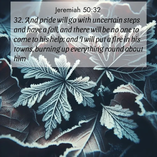 BBE Jeremiah 50:32 overlaying nature image scene: Winter frost creates delicate patterns on fallen leaves.;32. And pride will go with uncertain steps and have a fall, and there will be no one to come to his help: and I will put a fire in his towns, burning up everything round about him.
