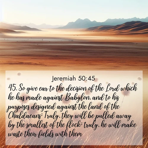 BBE Jeremiah 50:45 overlaying nature image scene: Autumn wind sends tumbleweeds dancing across the prairie.;45. So give ear to the decision of the Lord which he has made against Babylon, and to his purposes designed against the land of the Chaldaeans; Truly, they will be pulled away by the smallest of the flock; truly, he will make waste their fields with them.