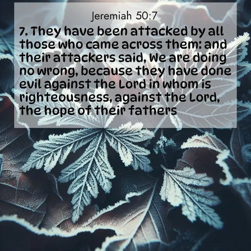 BBE Jeremiah 50:7 overlaying nature image scene: Winter frost creates delicate patterns on fallen leaves.;7. They have been attacked by all those who came across them: and their attackers said, We are doing no wrong, because they have done evil against the Lord in whom is righteousness, against the Lord, the hope of their fathers.