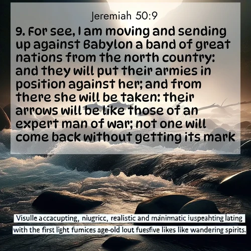 BBE Jeremiah 50:9 overlaying nature image scene: Wild salmon leap ancient rapids. Mist rises like spirits at dawn.;9. For see, I am moving and sending up against Babylon a band of great nations from the north country: and they will put their armies in position against her; and from there she will be taken: their arrows will be like those of an expert man of war; not one will come back without getting its mark.