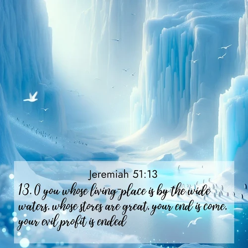BasicEnglish Jeremiah  ; image nature: image with the bible verse :O you whose living-place is by the wide waters, whose stores are great, your end is come, your evil profit is ended. ; Browse a vast collection of Bible verse images featuring awe-inspiring landscapes such as calm lakes, vibrant sunsets, and peaceful fields. Download them for free and enjoy verses like KJV Jeremiah 51:13. Current verse is overlayed with the thematic nature scene : Antarctic ice cliffs glow blue in the endless polar day. A penguin colony dots the frozen shore below. ; 51:13