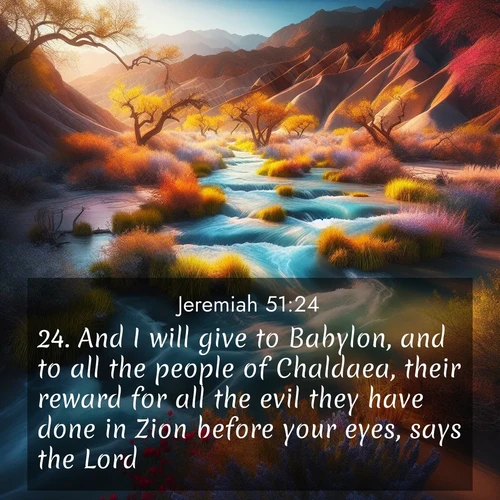 BasicEnglish Jeremiah  ; image nature: image with the bible verse :And I will give to Babylon, and to all the people of Chaldaea, their reward for all the evil they have done in Zion before your eyes, says the Lord. ; Explore a rich collection of Bible verse images beautifully illustrated by natural landscapes, such as colorful skies, towering mountains, and tranquil rivers. The images highlight the serenity of God&#039;s creation with vivid tones and carefully chosen typography. Download and share inspiring verses like KJV Jeremiah 51:24. Current verse is overlayed with the thematic nature scene : Spring floods transform desert arroyos into rushing streams. ; 51:24