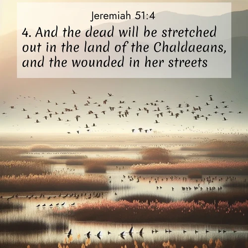 BasicEnglish Jeremiah  ; image nature: image with the bible verse :And the dead will be stretched out in the land of the Chaldaeans, and the wounded in her streets. ; Explore Bible verse images highlighting the beauty of spring, with vibrant flowers, butterflies, and blossoming fruit trees. These scenes evoke divine hope and renewal. Download inspiring verses like KJV Jeremiah 51:4. Current verse is overlayed with the thematic nature scene : Spring migration fills marshlands with calling birds. ; 51:4