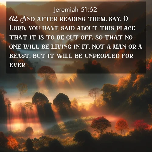 BasicEnglish Jeremiah  ; image nature: image with the bible verse :And after reading them, say, O Lord, you have said about this place that it is to be cut off, so that no one will be living in it, not a man or a beast, but it will be unpeopled for ever. ; Dive into our collection of Bible verses paired with breathtaking desert landscapes, featuring infinite dunes, shaded oases, and desert sunsets. These images highlight the majestic grandeur of God&#039;s creation. Download and share verses like KJV Jeremiah 51:62. Current verse is overlayed with the thematic nature scene : Autumn mist rises from warming morning valleys. ; 51:62