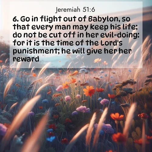BasicEnglish Jeremiah  ; image nature: image with the bible verse :Go in flight out of Babylon, so that every man may keep his life; do not be cut off in her evil-doing: for it is the time of the Lord&#039;s punishment; he will give her her reward. ; Admire Bible images representing autumn, with swirling leaves, misty skies, and vibrant trees. These images inspire profound spiritual reflection. Download and share verses like KJV Jeremiah 51:6. Current verse is overlayed with the thematic nature scene : Summer wildflowers wave in the breeze on coastal bluffs. ; 51:6