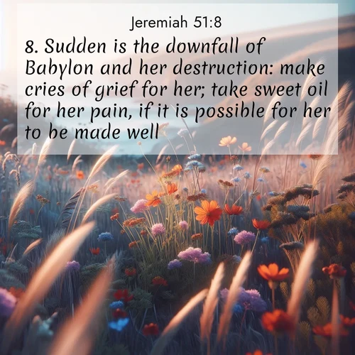 BasicEnglish Jeremiah  ; image nature: image with the bible verse :Sudden is the downfall of Babylon and her destruction: make cries of grief for her; take sweet oil for her pain, if it is possible for her to be made well. ; Admire Bible verse images illustrated by summer photos, such as sunny beaches, sparkling waves, and swaying palm trees. These bright scenes highlight the joy and warmth of God&#039;s creation. Download and share verses like KJV Jeremiah 51:8. Current verse is overlayed with the thematic nature scene : Summer wildflowers wave in the breeze on coastal bluffs. ; 51:8