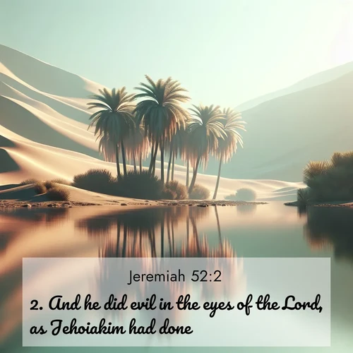 BasicEnglish Jeremiah  ; image nature: image with the bible verse :And he did evil in the eyes of the Lord, as Jehoiakim had done. ; Explore a rich collection of Bible verse images beautifully illustrated by natural landscapes, such as colorful skies, towering mountains, and tranquil rivers. The images highlight the serenity of God&#039;s creation with vivid tones and carefully chosen typography. Download and share inspiring verses like KJV Jeremiah 52:2. Current verse is overlayed with the thematic nature scene : A desert oasis shimmers in the midday heat, palm fronds rustling above still waters. ; 52:2