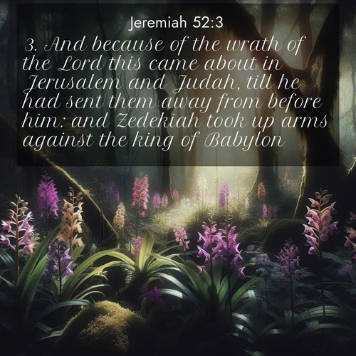 BasicEnglish Jeremiah  ; image nature: image with the bible verse :And because of the wrath of the Lord this came about in Jerusalem and Judah, till he had sent them away from before him: and Zedekiah took up arms against the king of Babylon. ; Dive into our collection of Bible verse images beautifully illustrated with beach photos, featuring gentle waves, sunsets over the sea, and sandy shores. These scenes evoke the peace and majesty of God. Download and share inspiring verses like KJV Jeremiah 52:3. Current verse is overlayed with the thematic nature scene : Wild orchids bloom in forest shade. Filtered light reveals their grace. ; 52:3