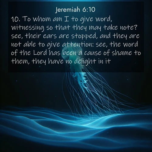 BBE Jeremiah 6:10 overlaying nature image scene: A lone jellyfish pulses through midnight waters. Its bioluminescent tendrils paint trails of azure light in the depths.;10. To whom am I to give word, witnessing so that they may take note? see, their ears are stopped, and they are not able to give attention: see, the word of the Lord has been a cause of shame to them, they have no delight in it.