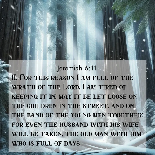 BasicEnglish Jeremiah  ; image nature: image with the bible verse :For this reason I am full of the wrath of the Lord, I am tired of keeping it in: may it be let loose on the children in the street, and on the band of the young men together: for even the husband with his wife will be taken, the old man with him who is full of days. ; Explore a stunning collection of Bible verse images featuring picturesque scenery like sun-drenched meadows, tranquil lakes, and majestic forests. All images are free to download and share. Verses include KJV Jeremiah 6:11. Current verse is overlayed with the thematic nature scene : Snow falls silently on ancient redwoods. Shafts of light pierce through to illuminate the forest floor. ; 6:11