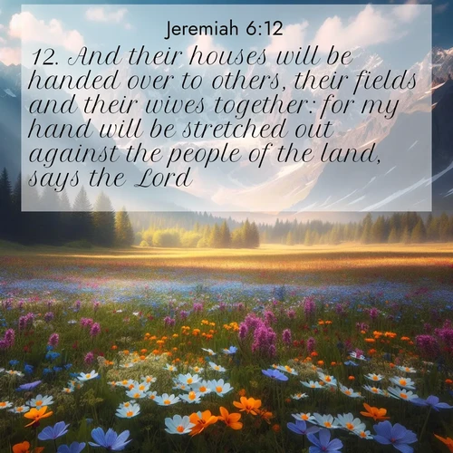 BBE Jeremiah 6:12 overlaying nature image scene: Spring wildflowers carpet an alpine meadow beneath snow-capped peaks.;12. And their houses will be handed over to others, their fields and their wives together: for my hand will be stretched out against the people of the land, says the Lord.