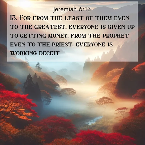 BBE Jeremiah 6:13 overlaying nature image scene: Autumn mist rises from a valley dotted with red and gold maples.;13. For from the least of them even to the greatest, everyone is given up to getting money; from the prophet even to the priest, everyone is working deceit.
