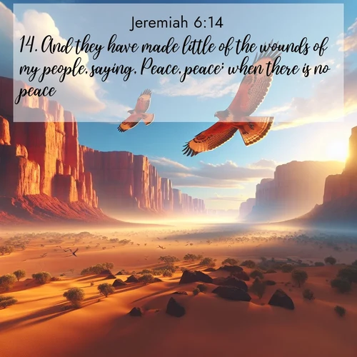 BBE Jeremiah 6:14 overlaying nature image scene: Desert hawks soar thermal currents. Red cliffs catch golden light.;14. And they have made little of the wounds of my people, saying, Peace, peace; when there is no peace.