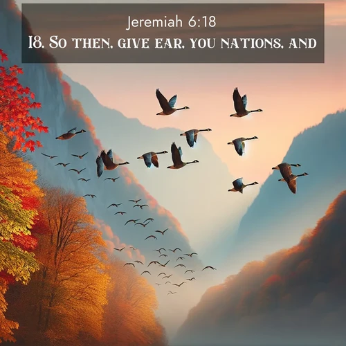 BBE Jeremiah 6:18 overlaying nature image scene: Wild geese arrow through autumn skies. Their calls echo off mountain walls.;18. So then, give ear, you nations, and ...