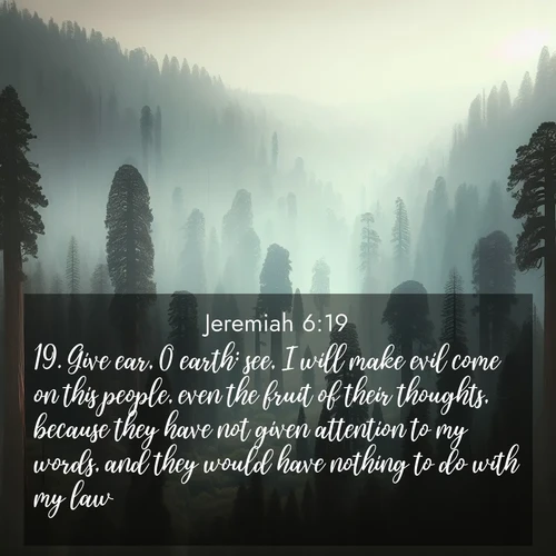 BBE Jeremiah 6:19 overlaying nature image scene: Ancient sequoias pierce through valley fog. Centuries of growth reach for filtered light.;19. Give ear, O earth: see, I will make evil come on this people, even the fruit of their thoughts, because they have not given attention to my words, and they would have nothing to do with my law.