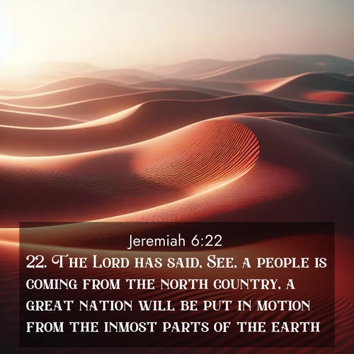 BBE Jeremiah 6:22 overlaying nature image scene: Desert wind sculpts abstract patterns in red sand.;22. The Lord has said, See, a people is coming from the north country, a great nation will be put in motion from the inmost parts of the earth.